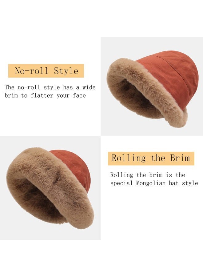ZLYC Women Winter Furry Bucket Hat Rolled Brim Faux Fur Cloche Hat with Fleece Lining, Solid Rust, One size - Image 3