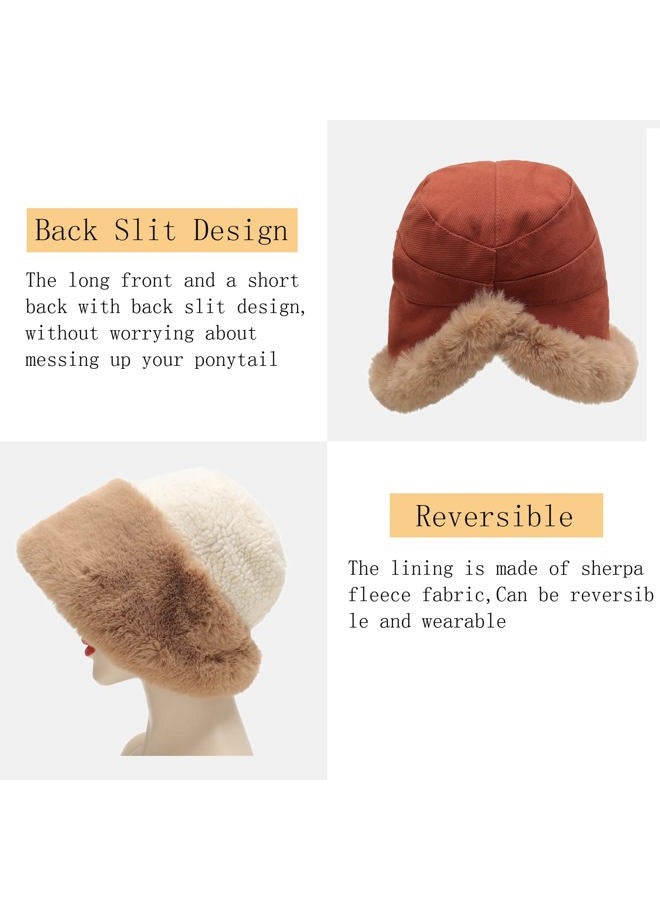 ZLYC Women Winter Furry Bucket Hat Rolled Brim Faux Fur Cloche Hat with Fleece Lining, Solid Rust, One size - Image 4