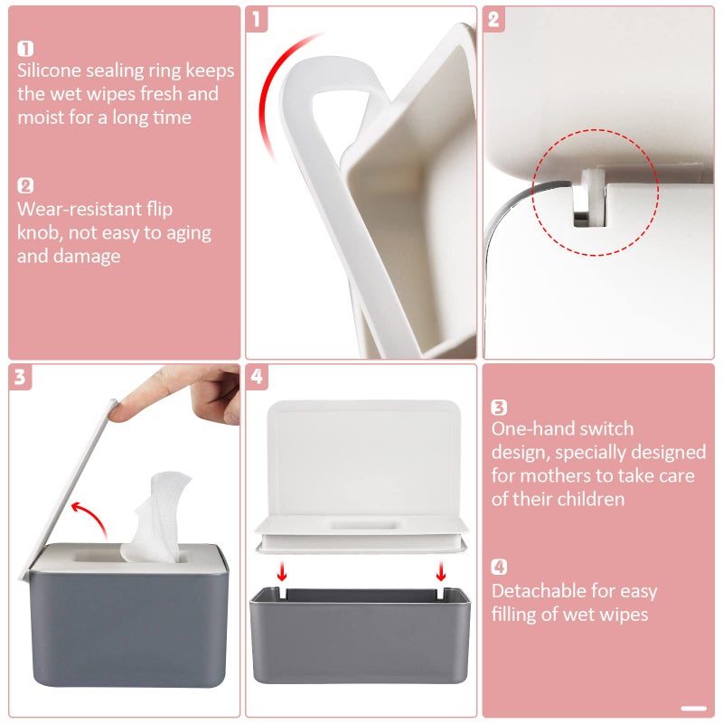 Whiidoom Diaper Wipes Dispenser Wipes Holder, Wipes Tissue Case Keeps Wipes Fresh Tissue Wipes Container with Lid (Grey) - Image 3