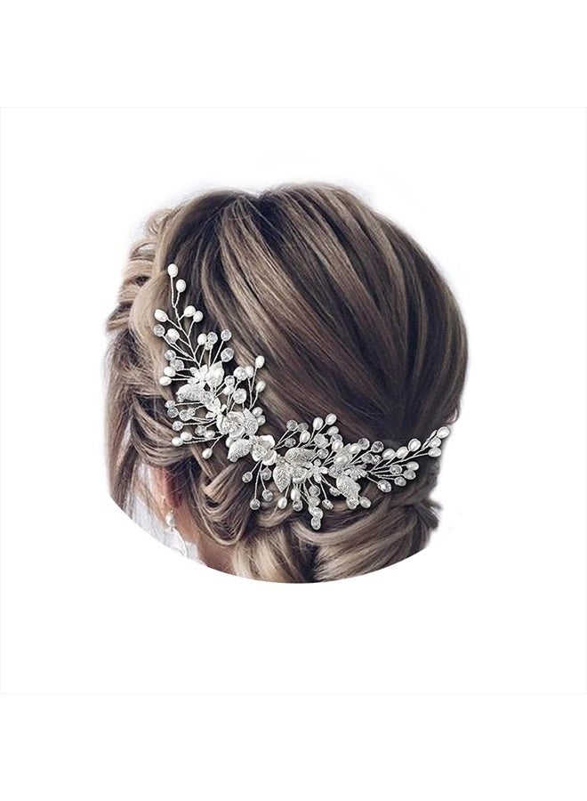 Easedaily Bride Wedding Hair Vine Silver Flower Leaf Bridal Headpieces Pearl Hair Accessories for Women and Girls - Image 1