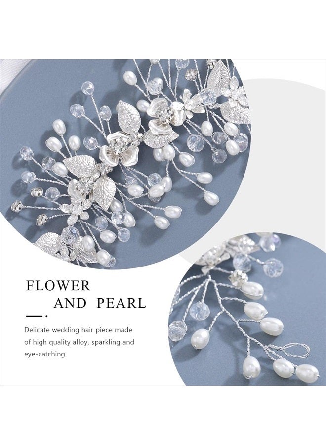 Easedaily Bride Wedding Hair Vine Silver Flower Leaf Bridal Headpieces Pearl Hair Accessories for Women and Girls - Image 4