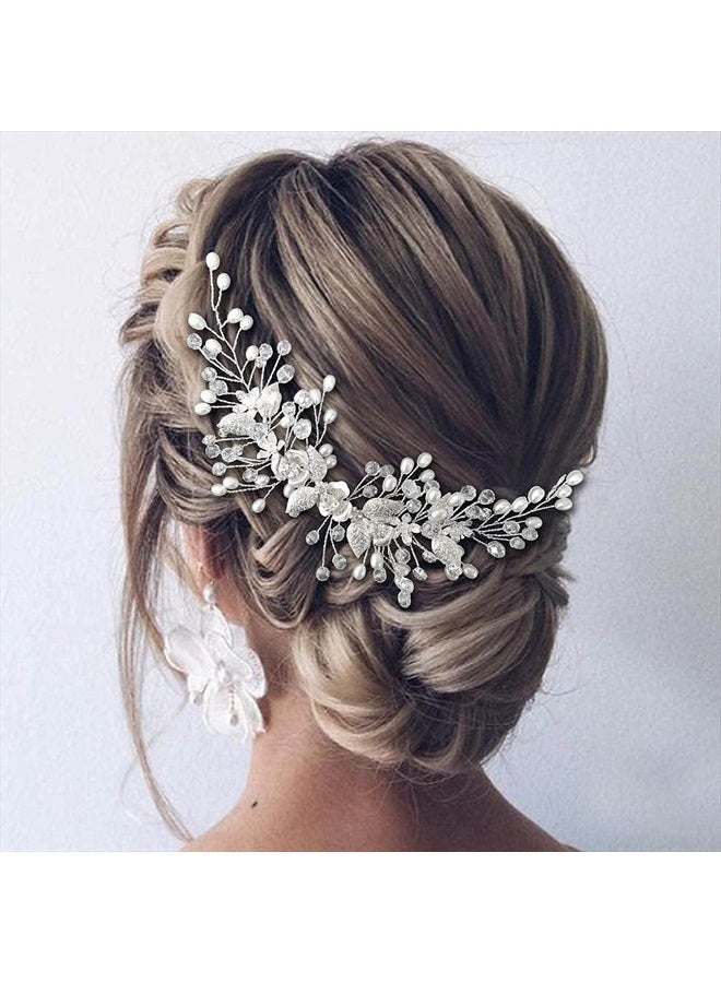 Easedaily Bride Wedding Hair Vine Silver Flower Leaf Bridal Headpieces Pearl Hair Accessories for Women and Girls - Image 2