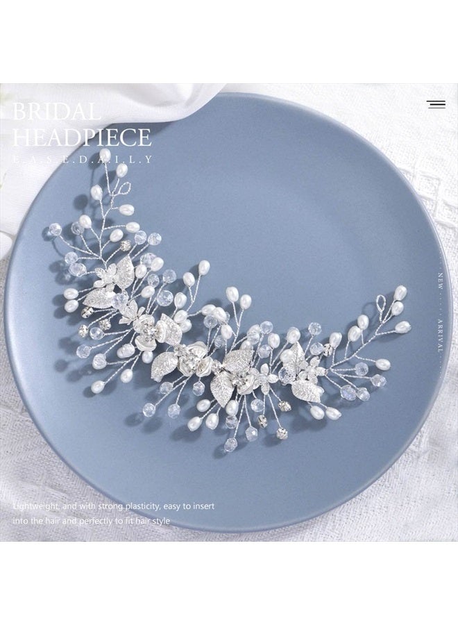Easedaily Bride Wedding Hair Vine Silver Flower Leaf Bridal Headpieces Pearl Hair Accessories for Women and Girls - Image 3