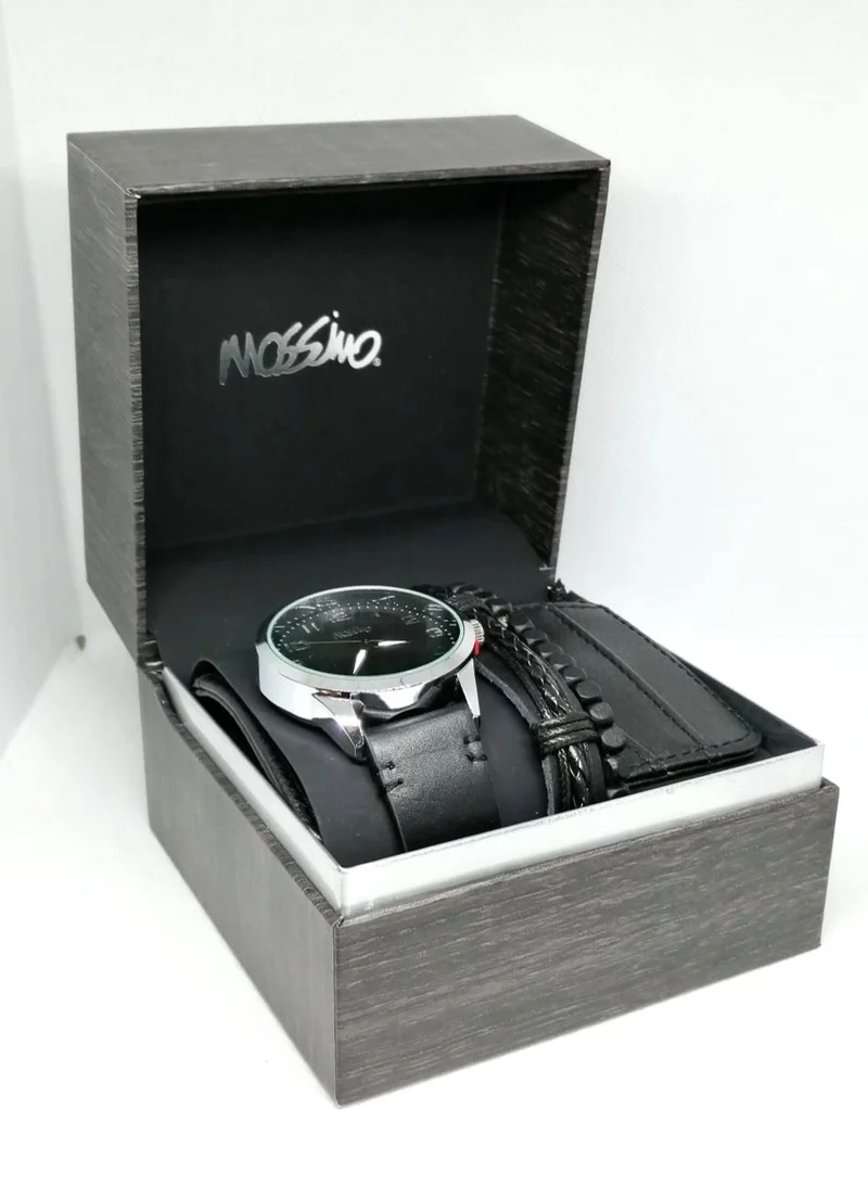 Mossimo Mossimo Men's Watch with 2 Bracelet and Black Card Wallet Set  Black Leather 9846S-42-G02