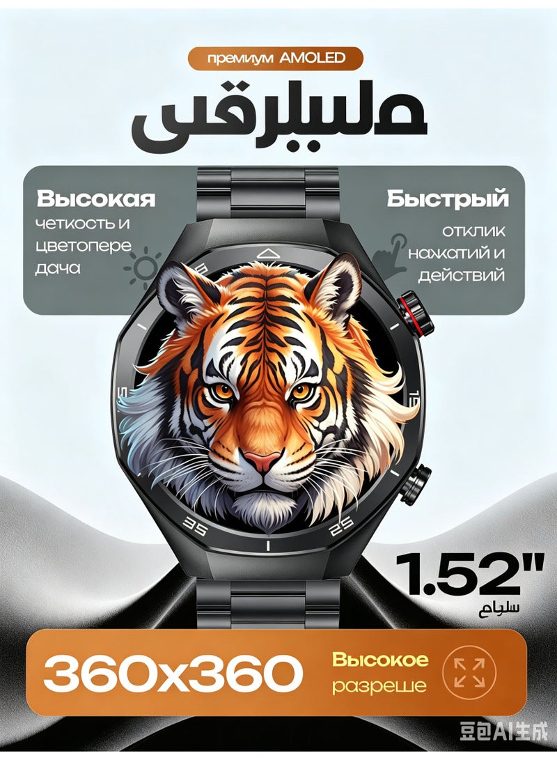 ساعة ذكية بشاشة لمس AMOLED عالية الدقة 1.52 بوصة، مكالمات بلوتوث، متتبع لياقة بدنية مقاوم للماء IP68 للرجال والنساء، مراقبة معدل ضربات القلب وضغط الدم، متوافقة مع Android و iOS - Image 2