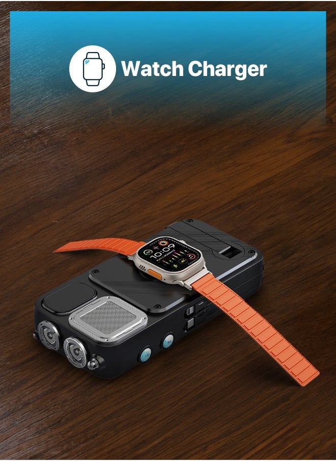 Powerology 16000 mAh PowerBank 16000mAh with FM Radio/ Solar Wireless Charging / Hand Crank Generator / Watch Wireless Charger / LED Light / Digital Clock / Integrated Cable/ Speaker /20W PD Camping Powerbank - Black  - Image 5