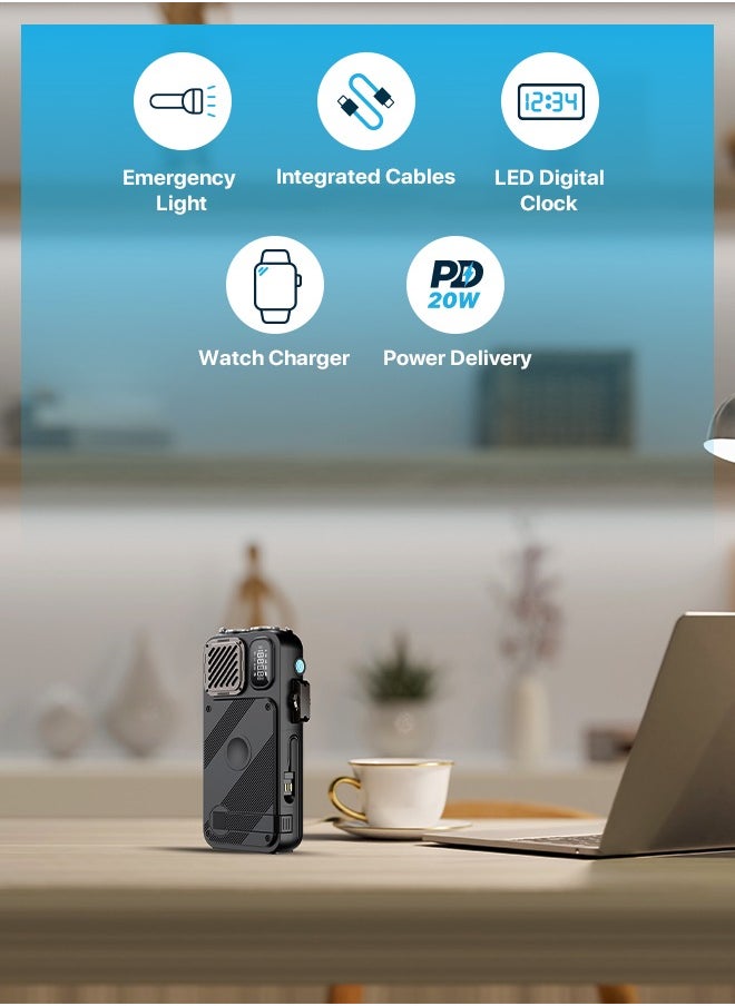 Powerology 16000 mAh PowerBank 16000mAh with FM Radio/ Solar Wireless Charging / Hand Crank Generator / Watch Wireless Charger / LED Light / Digital Clock / Integrated Cable/ Speaker /20W PD Camping Powerbank - Black  - Image 2