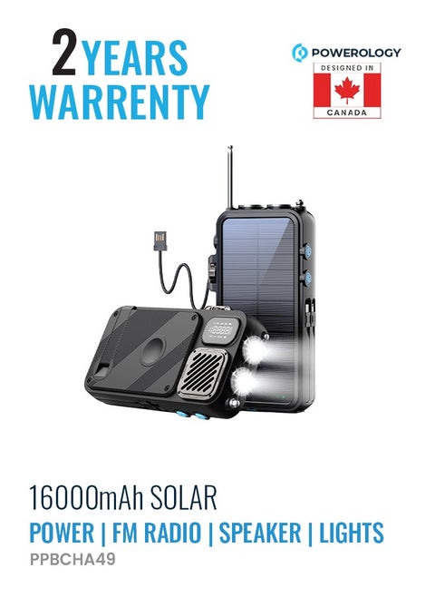 16000 mAh PowerBank 16000mAh with FM Radio/ Solar Wireless Charging / Hand Crank Generator / Watch Wireless Charger / LED Light / Digital Clock / Integrated Cable/ Speaker /20W PD Camping Powerbank - Black