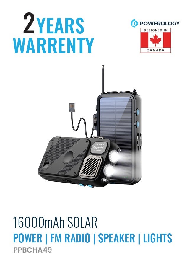 Powerology 16000 mAh PowerBank 16000mAh with FM Radio/ Solar Wireless Charging / Hand Crank Generator / Watch Wireless Charger / LED Light / Digital Clock / Integrated Cable/ Speaker /20W PD Camping Powerbank - Black  - Image 1