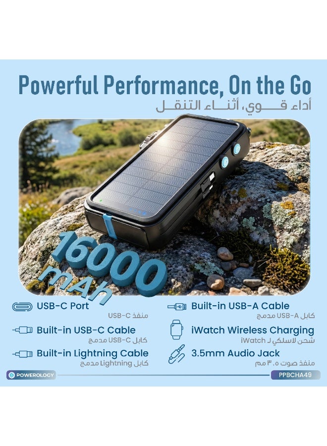 Powerology 16000 mAh PowerBank with FM Radio/ Solar Wireless Charger / Hand Crank Generator / Watch Wireless Charger / LED Light / Digital Clock / Integrated Cable/ Speaker /20W PD Camping Powerbank 16000mAh - Black - Image 3