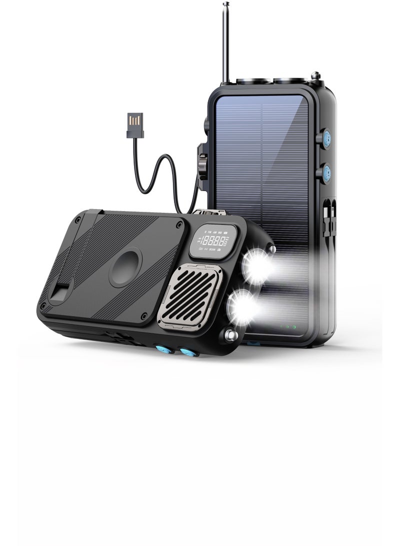 Powerology 16000 mAh PowerBank with FM Radio/ Solar Wireless Charger / Hand Crank Generator / Watch Wireless Charger / LED Light / Digital Clock / Integrated Cable/ Speaker /20W PD Camping Powerbank 16000mAh - Black - Image 1