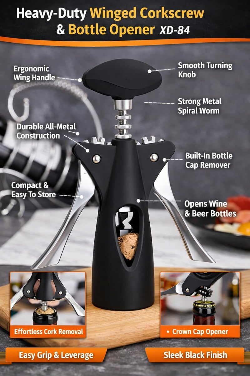 Bottle Opener Corkscrew With Wing Handle, Wine Corkscrew Opener With Metal Spiral And Ergonomic Wings, Quick Cork Pulling And Cap Removal, Black - Image 2