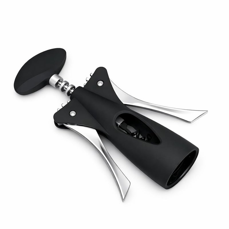 Bottle Opener Corkscrew With Wing Handle, Wine Corkscrew Opener With Metal Spiral And Ergonomic Wings, Quick Cork Pulling And Cap Removal, Black - Image 1