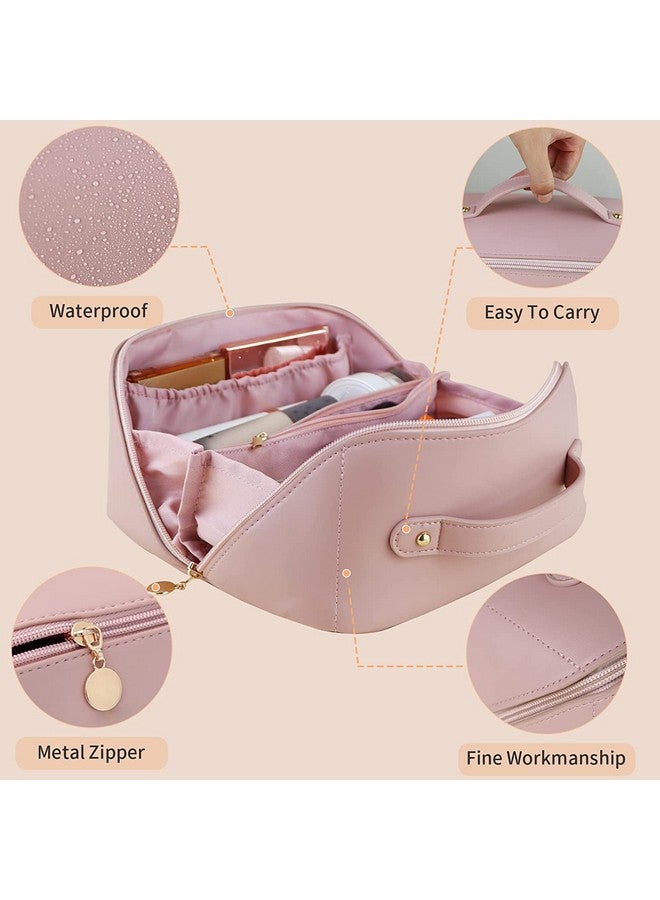 HOUVIDA Large Capacity Travel Cosmetic Bag PU Leather Waterproof Portable with Handle and Divider Multifunctional Bag Makeup Accessories for Women (Pink) - Image 3