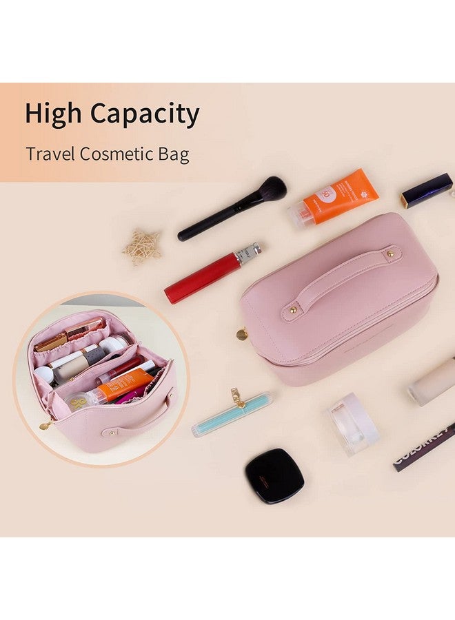 HOUVIDA Large Capacity Travel Cosmetic Bag PU Leather Waterproof Portable with Handle and Divider Multifunctional Bag Makeup Accessories for Women (Pink) - Image 4
