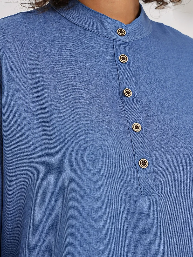 Big Dart Oxford Blue BDART Textured Linen Blend Long Sleeve Tunic and Wide Leg Pants Set for Women | Best Price UAE