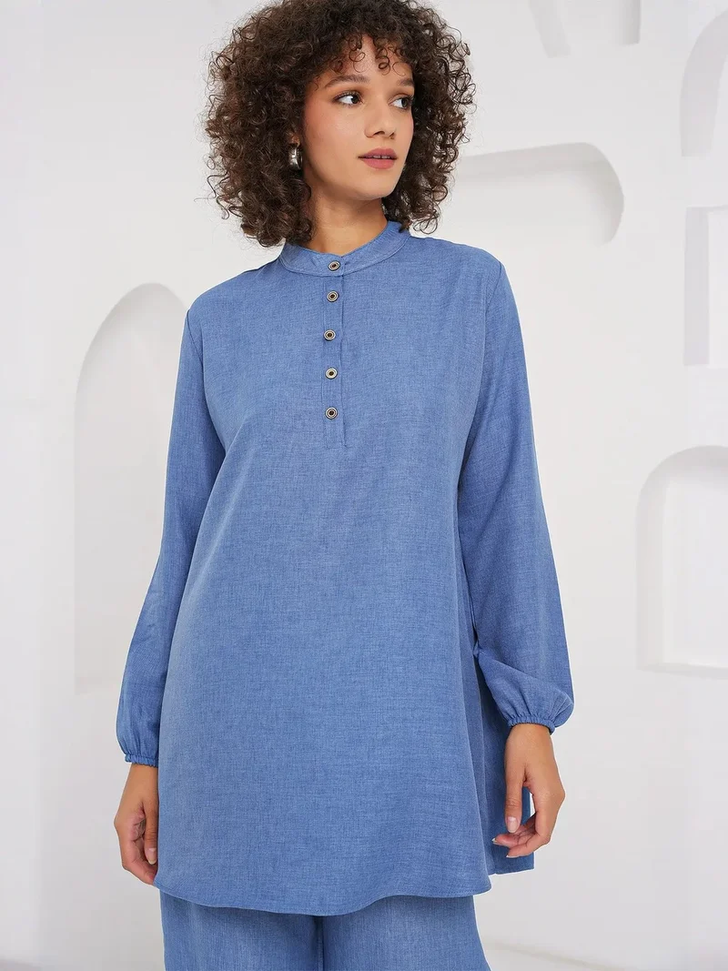 Big Dart Oxford Blue BDART Textured Linen Blend Long Sleeve Tunic and Wide Leg Pants Set for Women | Best Price UAE