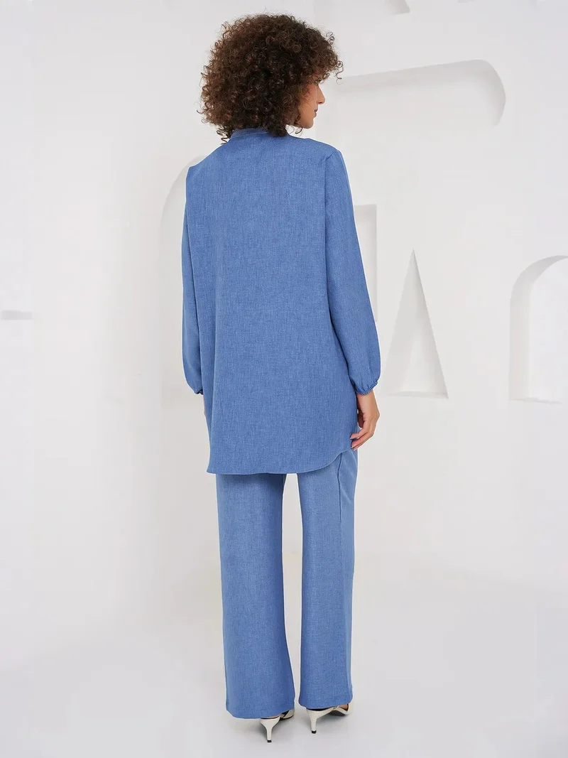Big Dart Oxford Blue BDART Textured Linen Blend Long Sleeve Tunic and Wide Leg Pants Set for Women | Best Price UAE