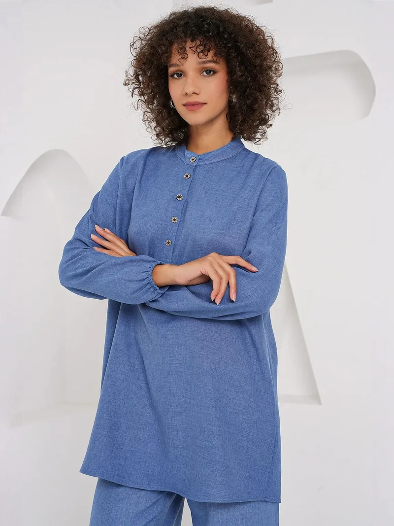 Big Dart Oxford Blue BDART Textured Linen Blend Long Sleeve Tunic and Wide Leg Pants Set for Women | Best Price UAE