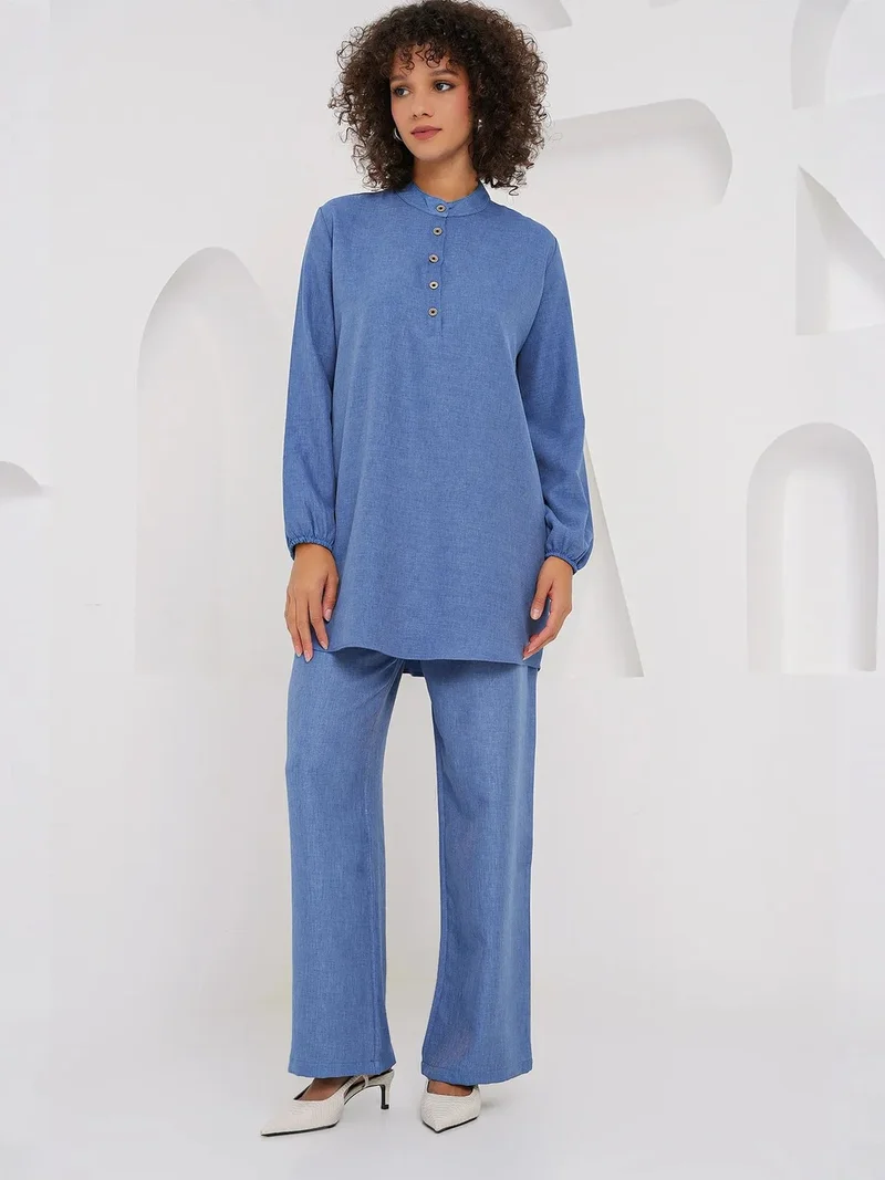 Big Dart Oxford Blue BDART Textured Linen Blend Long Sleeve Tunic and Wide Leg Pants Set for Women | Best Price UAE