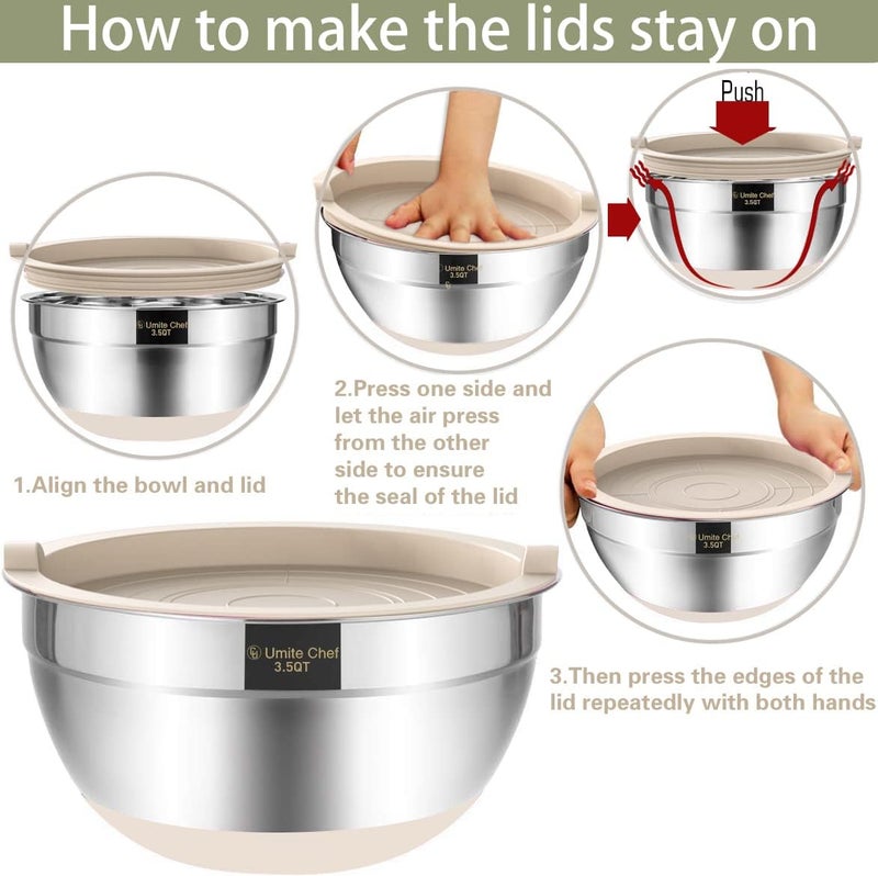 Umite Chef Mixing Bowls with Airtight Lids，6 piece Stainless Steel Metal Nesting Storage Bowls by, Non-Slip Bottoms Size 7, 3.5, 2.5, 2.0,1.5, 1QT, Great for Mixing & Serving (Khaki） - Image 5
