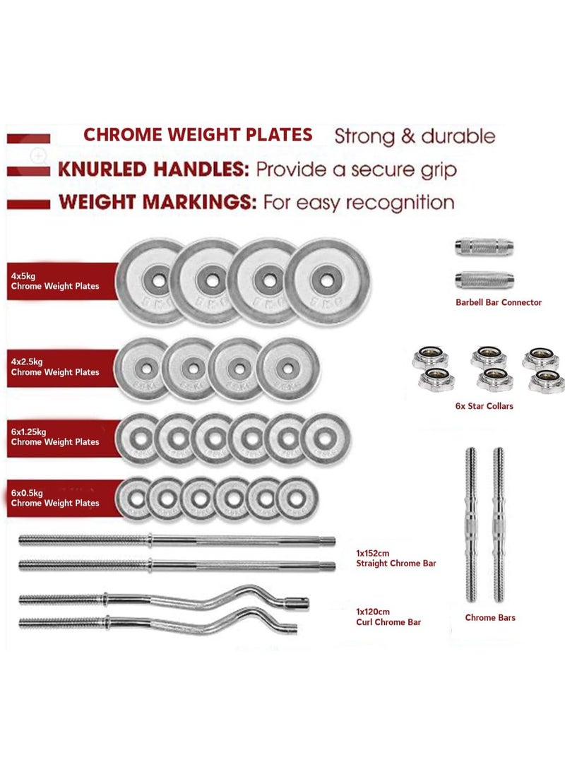 Yalla HomeGym - Homegym 55Kg Adjustable Chrome Dumbbell Barbell Set With Carry Case, Versatile Chrome Set With Straight Barbell, Curl Barbell - Image 1