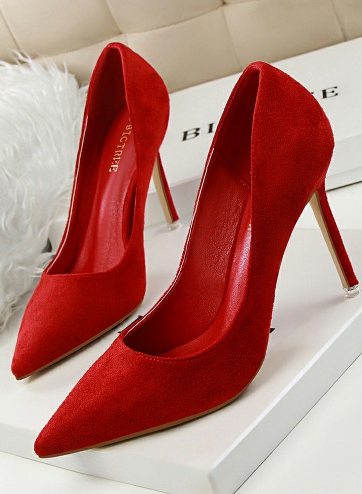 بيج تري Women's Elegant Coral Velvet Stiletto Pumps 9 CM Fashion Gorgeous Closed Pointed Toe Slip On Solid High Heels Red - Image 1