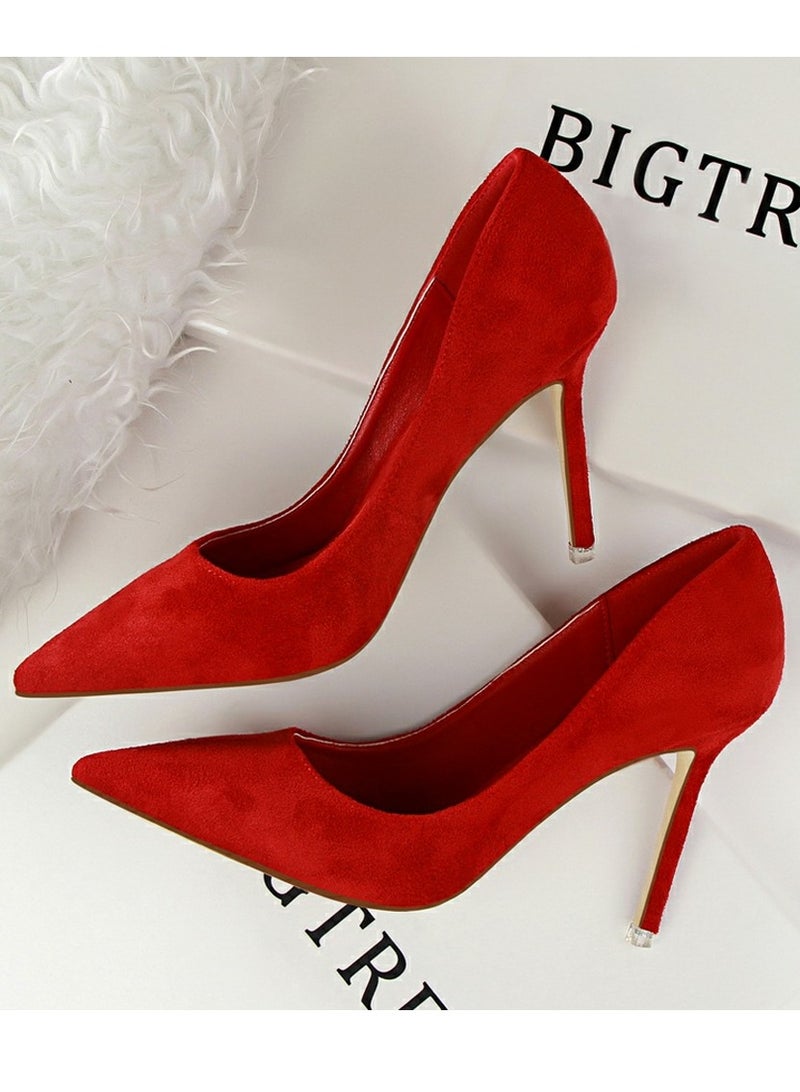 بيج تري Women's Elegant Coral Velvet Stiletto Pumps 9 CM Fashion Gorgeous Closed Pointed Toe Slip On Solid High Heels Red - Image 3