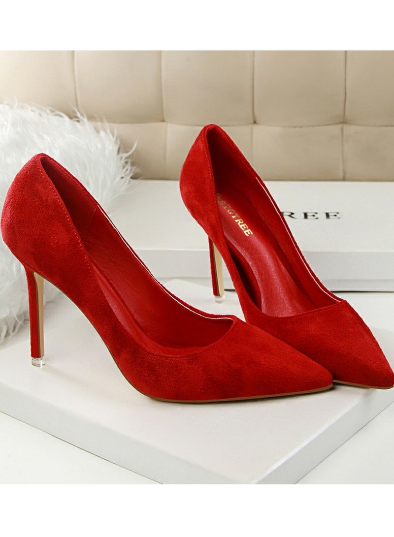 بيج تري Women's Elegant Coral Velvet Stiletto Pumps 9 CM Fashion Gorgeous Closed Pointed Toe Slip On Solid High Heels Red - Image 2