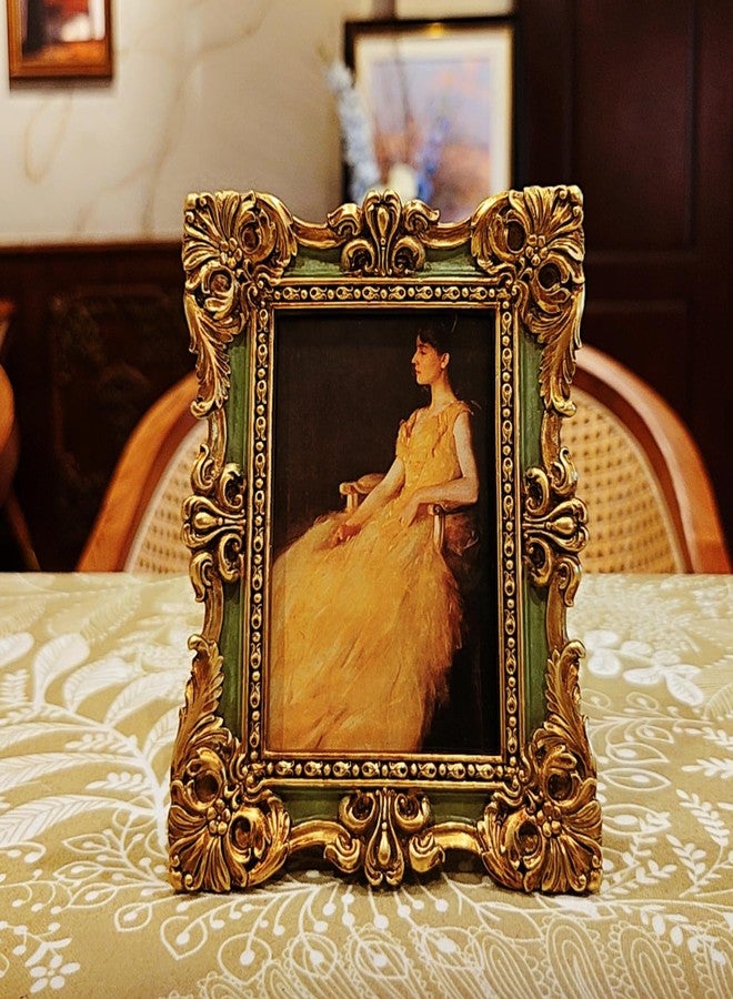 CISOO 2.5x3.5 Vintage Small Picture Frame, Antique Ornate Green and Gold Wallet Size Photo Frame, for Table Top and Wall Display, Decorative Floral Design Retro Home Decor, Photo Gallery Art - Image 2