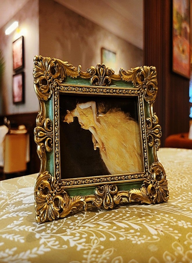 CISOO 2.5x3.5 Vintage Small Picture Frame, Antique Ornate Green and Gold Wallet Size Photo Frame, for Table Top and Wall Display, Decorative Floral Design Retro Home Decor, Photo Gallery Art - Image 3