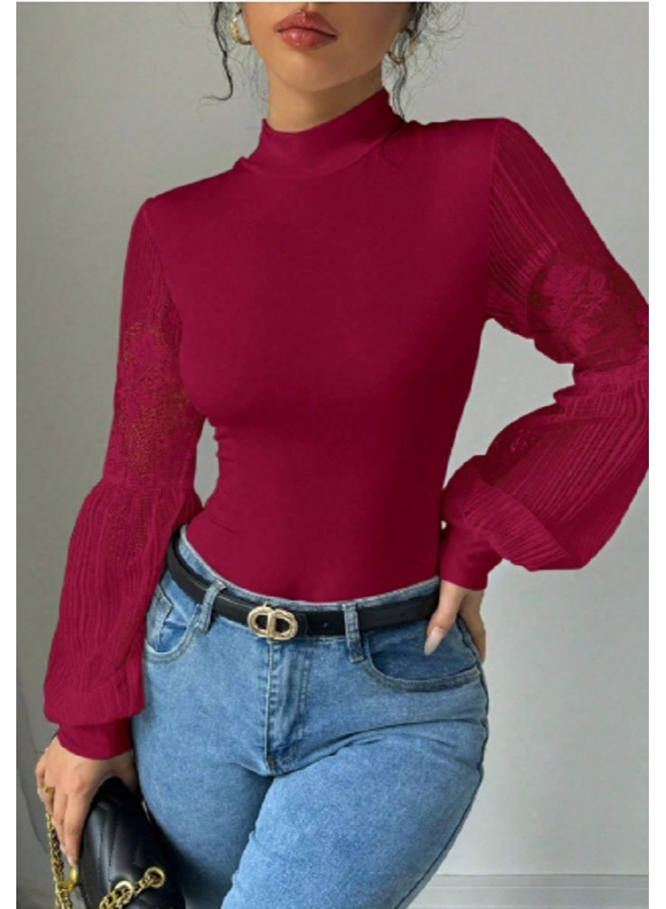 SHEIN Lace Patchwork Lantern Sleeve High Neck Bodysuit For Women Fall Cloth For Women - Image 2