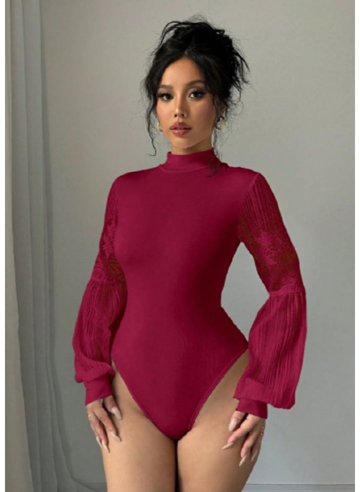 SHEIN Lace Patchwork Lantern Sleeve High Neck Bodysuit For Women Fall Cloth For Women - Image 3