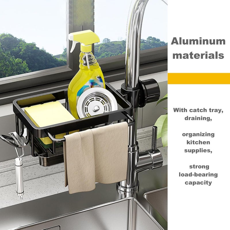 GCFTIFF Sink Organizer Rack for Kitchen and Bathroom, 2024 New Stainless Steel Detachable Hanging Faucet Drain Rack with Drip Tray Faucet Sponge Holder for Bathroom, Scrubbers, Soap (Black, Left) - Image 2