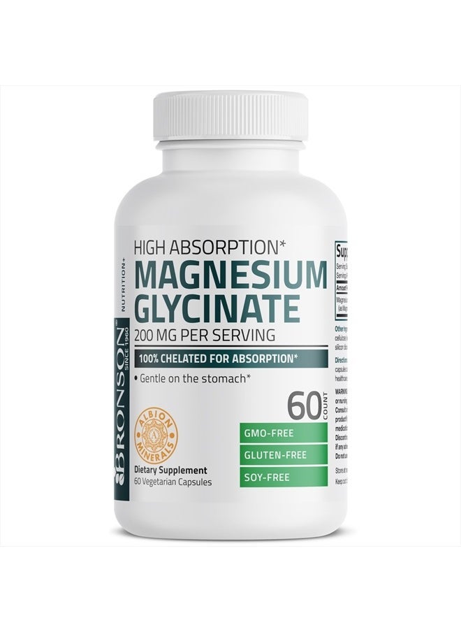 Bronson Magnesium Glycinate 200 MG per Serving 100% Chelated for High Absorption, Gentle On Stomach, Non-GMO, 60 Vegetarian Capsules  - Image 1