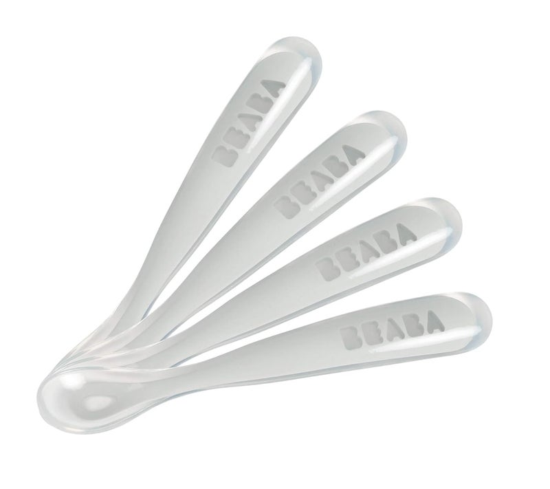 Baba BEABA Baby's First Foods Spoon Set, Original Silicone Baby Spoons, 4 Pack, BPA Lead & Phthalate Free, Gray - Image 1