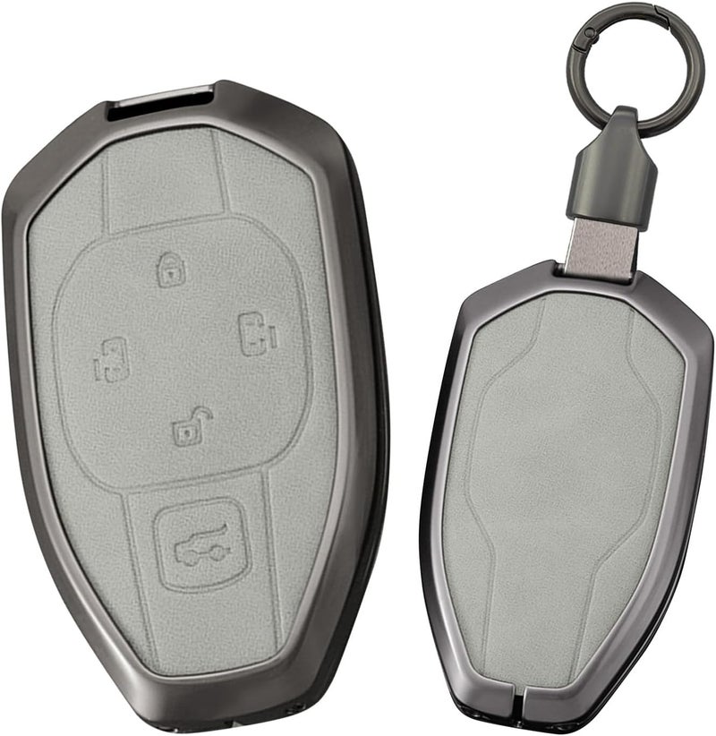 F Type 5 Button Gray Leather Key Fob Cover With Zinc Alloy Case Keychain - Image 1