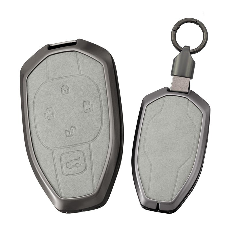 F Type 5 Button Gray Leather Key Fob Cover With Zinc Alloy Case Keychain - Image 2