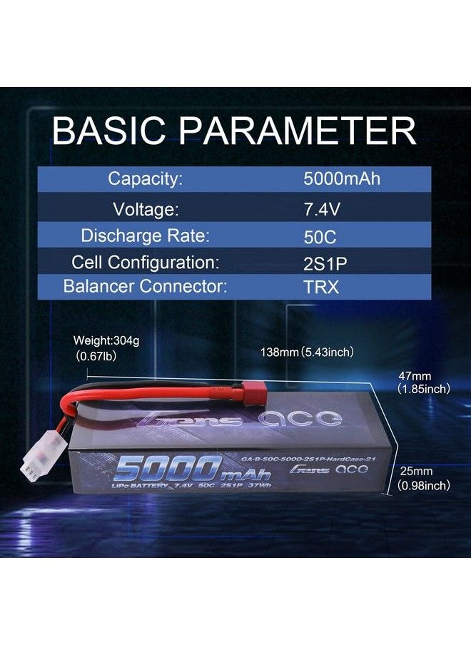 Gens ace - 2S 7.4V 5000Mah 50C Lipo Battery Pack Hardcase With Deans T Plug For Rc Car Arrma Axial Losi Traxxas Slash Buggy Team Associated Serpent Hpi Redcat Lrp Monster Truck Roar Approved - Image 1
