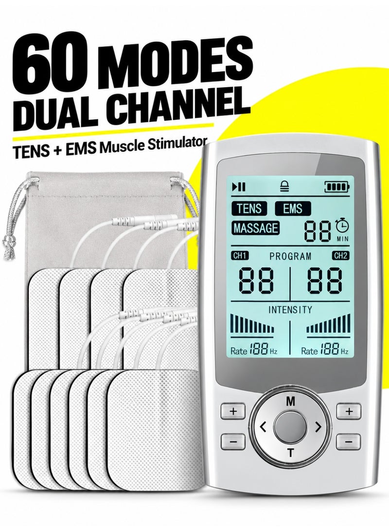 1 طابق سرداب جهاز TENS EMS لتحفيز العضلات، جهاز 3 في 1 بوظائف TENS وEMS والتدليك، 60 وضعًا، قناتان مستقلتان وتحكم منفصل في الشدة وشاشة عرض كبيرة - Image 1