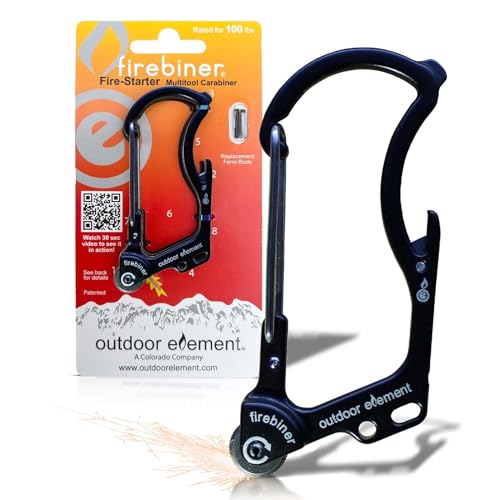 OUTDOOR ELEMENT Firebiner 6-in-1 Fire-Starting Carabiner EDC Emergency Multitool -Keychain,Utility Blade,Bottle Opener,& more - Image 1