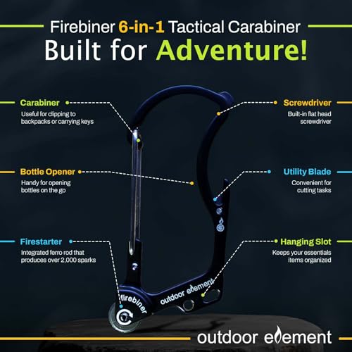 OUTDOOR ELEMENT Firebiner 6-in-1 Fire-Starting Carabiner EDC Emergency Multitool -Keychain,Utility Blade,Bottle Opener,& more - Image 3
