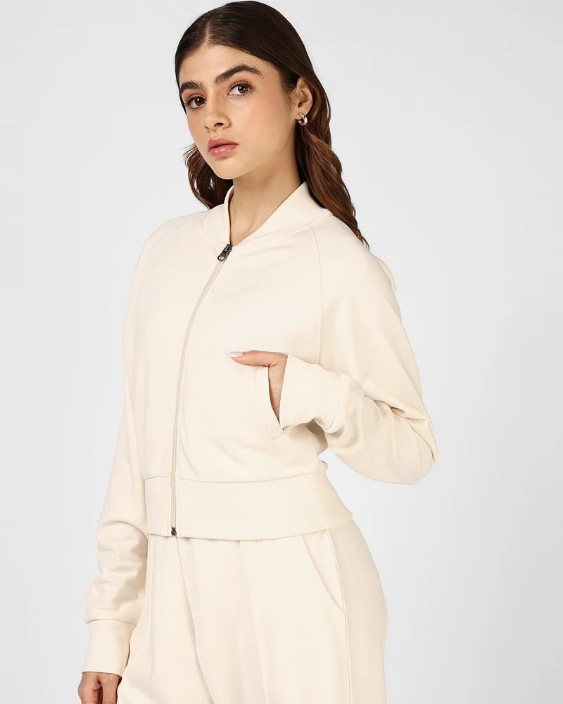 bewakoof Women's Beige Crop Zipper Sweatshirt