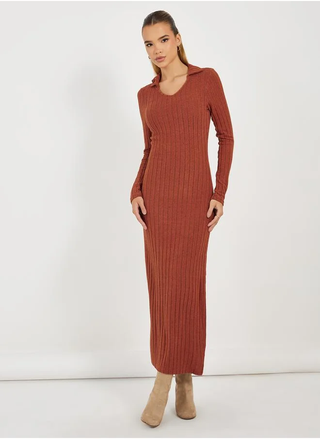 Styli Collared Knit Bodycon Maxi Dress with Side Slit