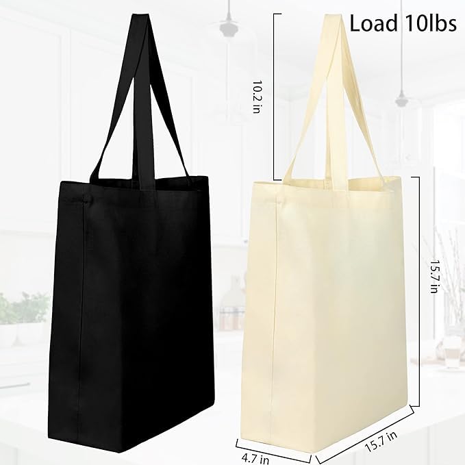 Metsi Canvas Tote Bag for Unisex 2-Pack - Reusable Plain Tote Bags for DIY,Crafting,Custom Printing,Eco-Friendly and Spacious, Heavy-Duty Canvas Bags for Shopping,Multi-Purpose,Daily Use - Beige/Black - Image 2