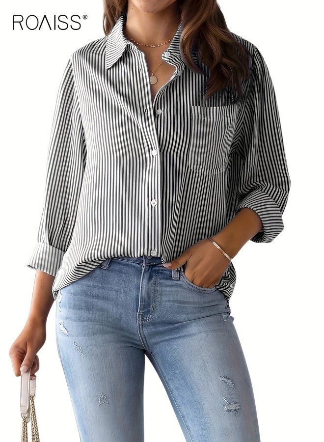 roaiss Women's Striped Polo Collar Shirt Button-Down Front Loose Fit Comfortable Breathable Casual Long Sleeves Suitable for Everyday Commuting or Work Top with Pockets Blue - Image 5