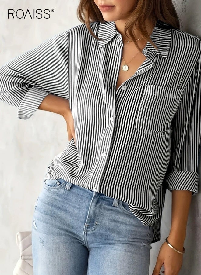 roaiss Women's Striped Polo Collar Shirt Button-Down Front Loose Fit Comfortable Breathable Casual Long Sleeves Suitable for Everyday Commuting or Work Top with Pockets Blue - Image 1