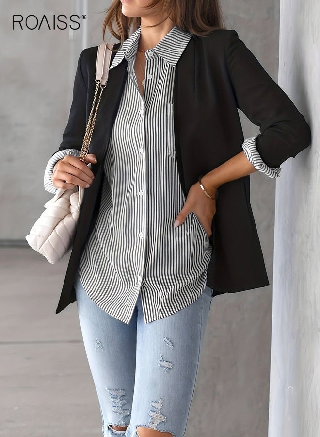 roaiss Women's Striped Polo Collar Shirt Button-Down Front Loose Fit Comfortable Breathable Casual Long Sleeves Suitable for Everyday Commuting or Work Top with Pockets Blue - Image 2