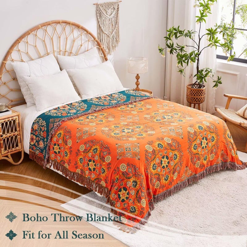 XIBLC Boho Throw Blanket, 100% Cotton Ultra Soft Luxury Throw Rustic Quilt, 60"x80" Floral Printed Farmhouse Decor Bed Summer Blankets, All Season Rustic Reversible Bohemian Throw for Bed - Orange - Image 5