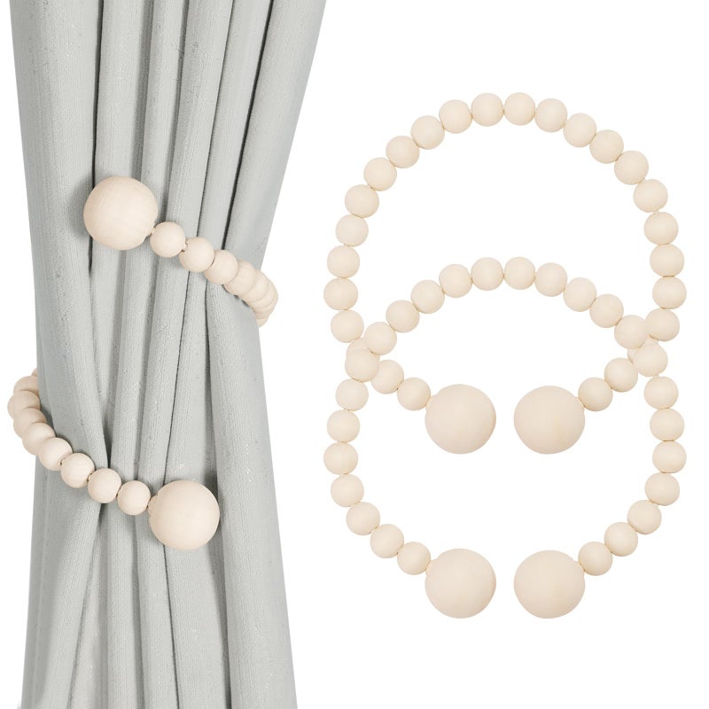 KLOGTSIND Wood Bead Curtain Tiebacks Curtain Tie Backs for Curtains 2 Pack DIY Curtain Holdbacks for Thin or Thick Window Draperies Twist Tie Backs for Boho Bedroom Decor No Magnetic